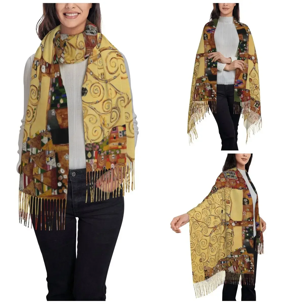 Gustav Klimt Scarf for Womens Fall Winter Cashmere Shawls and Wrap Tree of Life Stoclet Frieze Long Large Scarves with Tassel