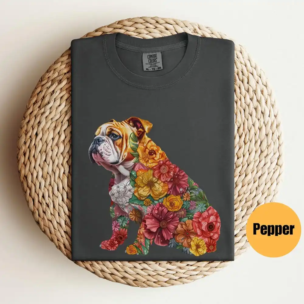 Floral English Bulldog Shirt Dog Funny Dog Shirt Cute Dachshund Doxie Mama Lover Gift Shirt Casual Daily Y2K Top Streetwear