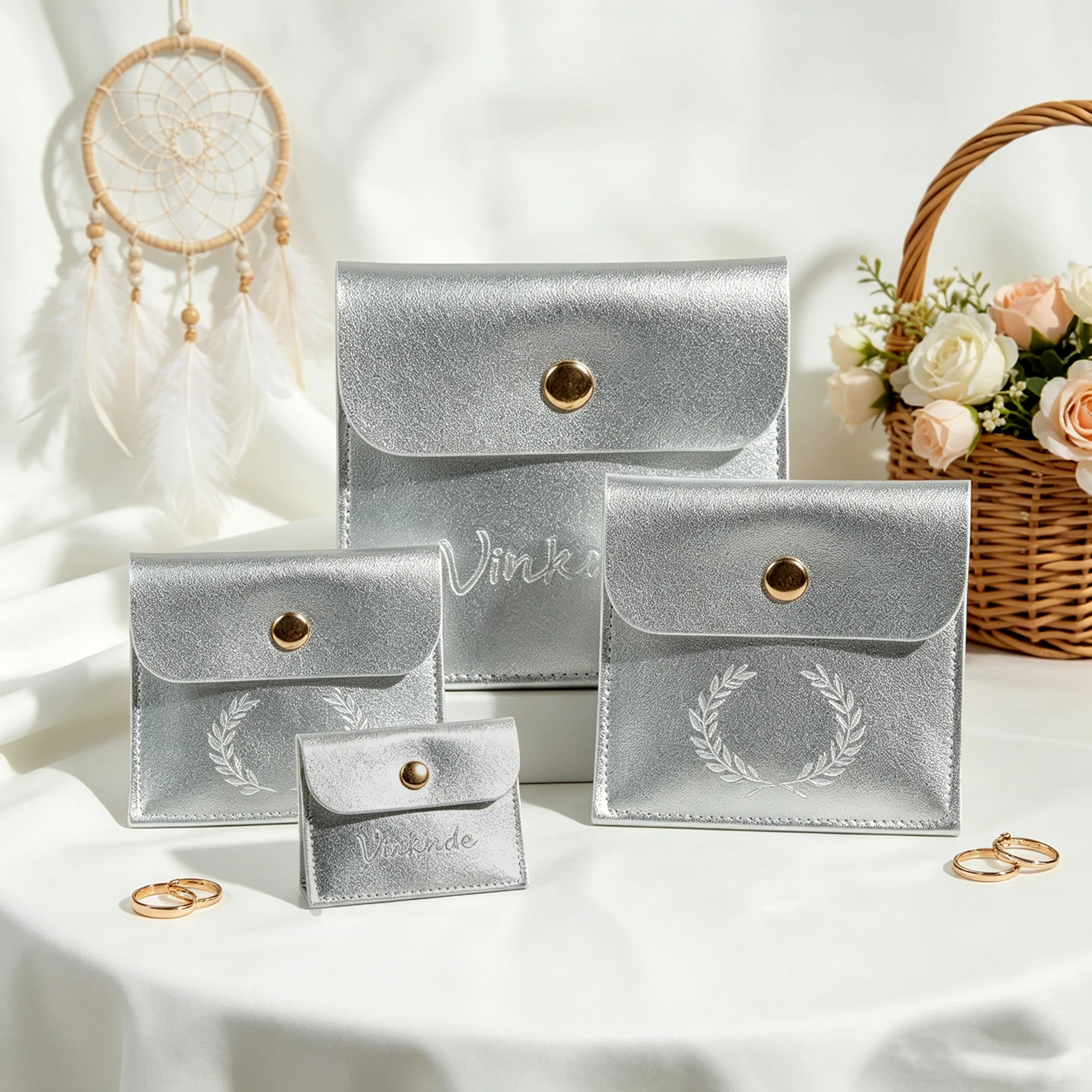 

Custom Logo Silver PU Leather Snap Bag Jewelry Packaging Bags for Necklaces Earrings Ring Bracelet Wedding Favor Storage Pouches
