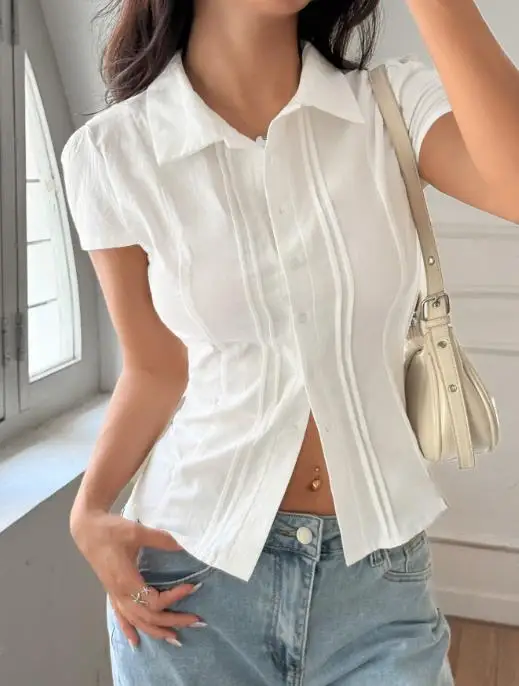

Summer Button Solid Color Shirt Top for Women, Slim Fit Lapel, Single Row Button, Pleated Edge Decoration, Short Sleeved Shirt