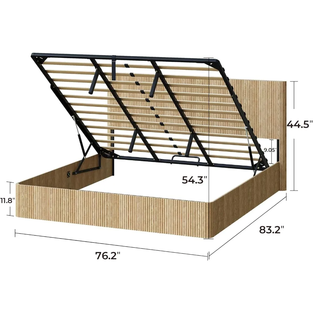King Lift-Up Storage Bed Frame with Fluted Headboard, Natural Wood Finish