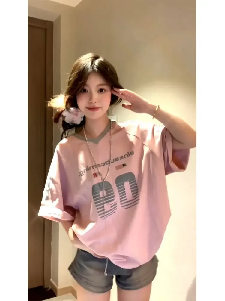 A Whole Love!!! [Contrasting Color Printing] American Retro V-neck Short-sleeved T-shirt Women's Sports Loose Top