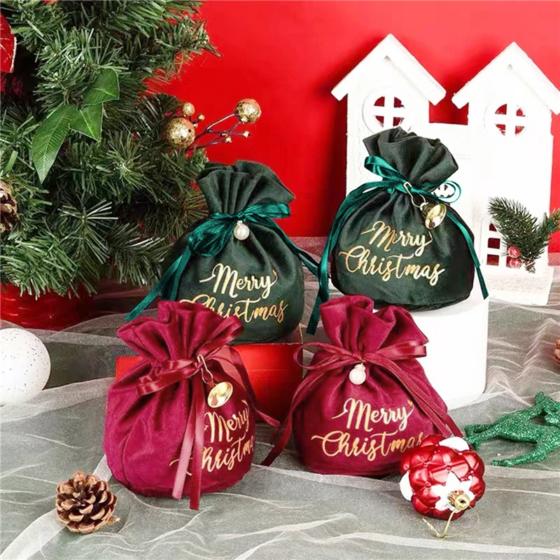 Printed Candy Storage Bag Merry Christmas With Cord Bow Bells Velvet Gift Packaging Handbag Christmas New Year Party Decor