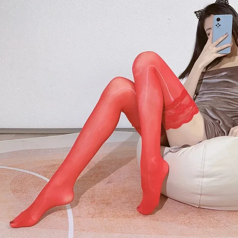 8D Oil Shiny Silk Transparent Medias Women Sexy Lace Top Silicone Thigh High Stockings Elastic Nylon Socks