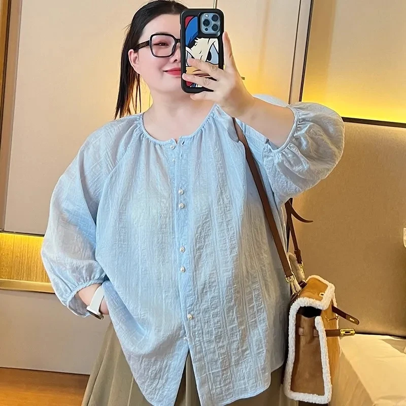Summer plus Size Women's Shirt 300 Pounds Design Sense Pleated Texture Button Loose Slimming Sleeve Nine Points Open Cardigan...