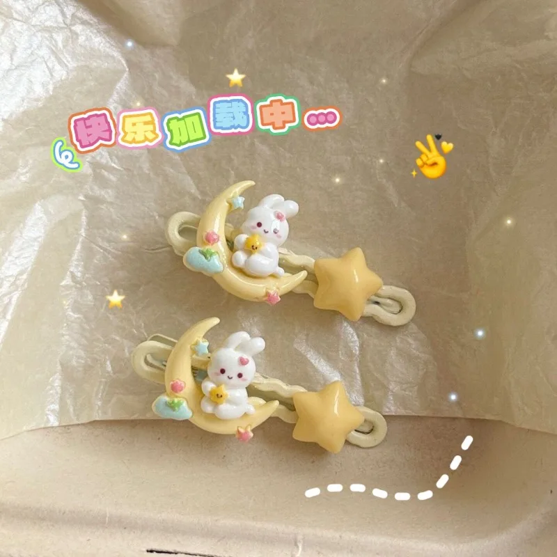 

Заколка для волос в виде кролика, сидящая на луне, милая заколка для волос со звездой для девочек, студенческая челка, зажим для головного убора