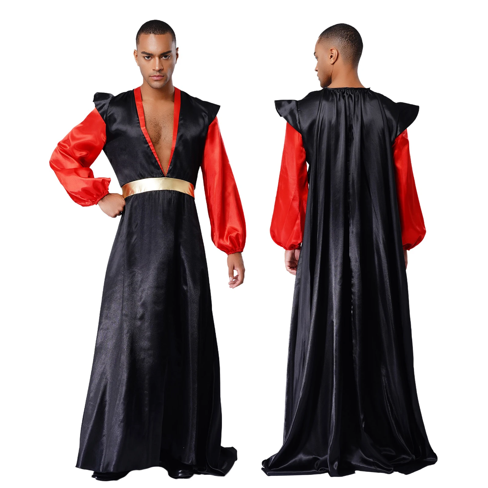 

Arabian Themed Prince Cosplay Costume for Men Deep V Neck Long Sleeve Satin Robe with Invisible Zipper Perfect for Halloween