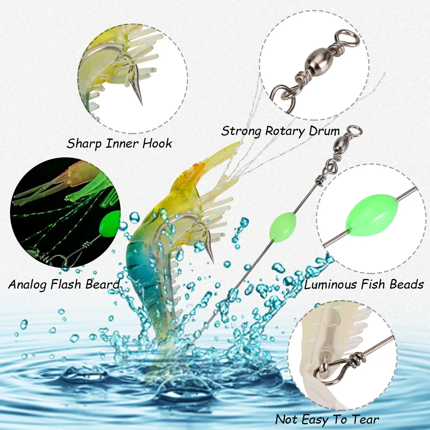 Sougayilang Soft Fishing Luminous Shrimp Lure 7 Colors 1pc with Hook Swivel Beads Artificial Silicone Glow Fishing  Accessory image 4
