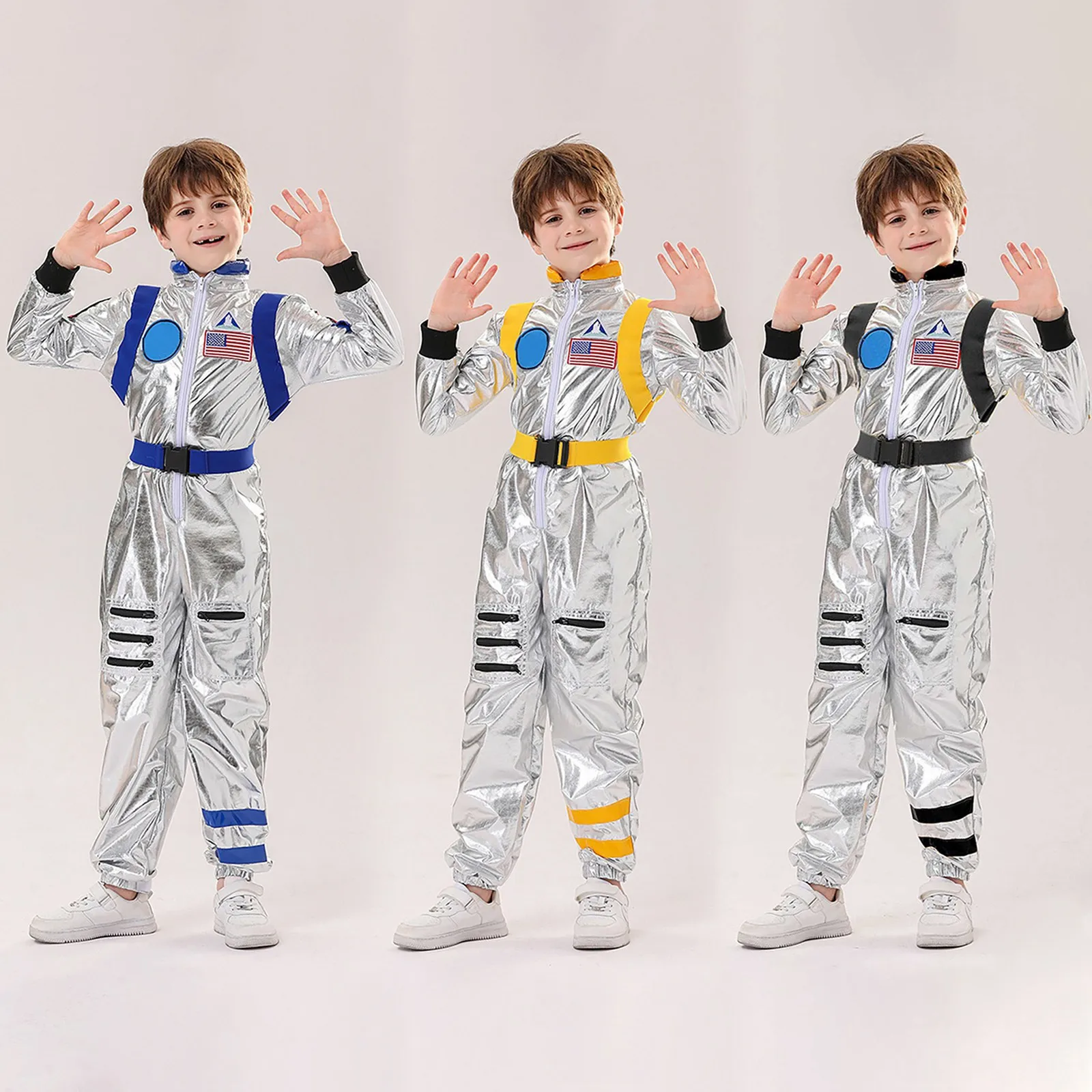 Kids Astronaut Silver Jumpsuit Carnival Space Themed Party Dress Up Boys Girls Spaceman Cosplay Costume Children Space Suit