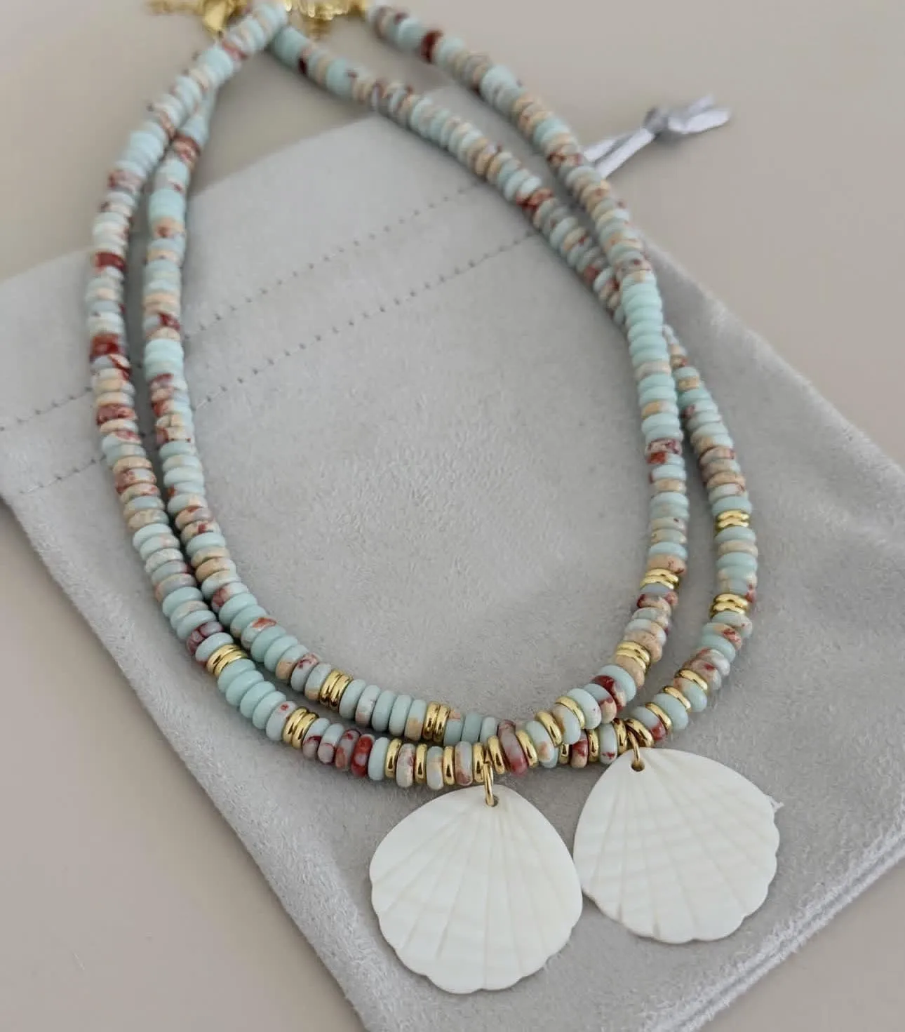 Classic patterned stone (optimized) beaded Bohemian style necklace with white large shell pendant  stainless steel accessories