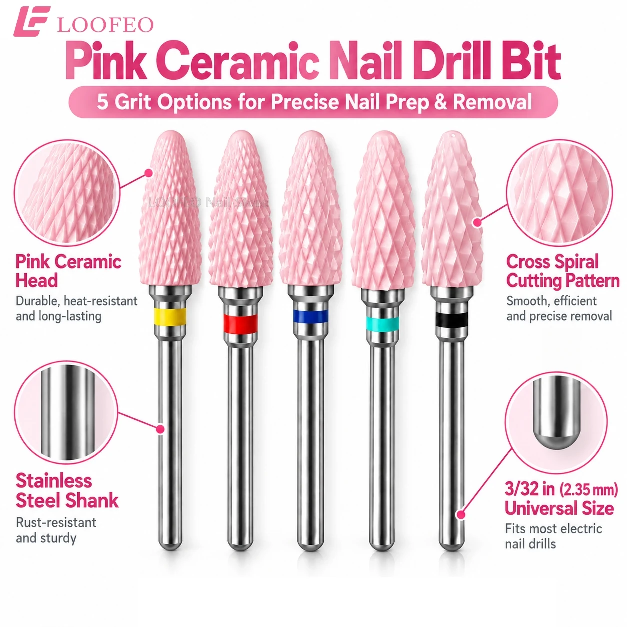 Pink Ceramic Nail Drill Bits Electric Nail File Bit for Gel Polish Removal Acrylic Accessories Milling Cutter for Manicure Tool