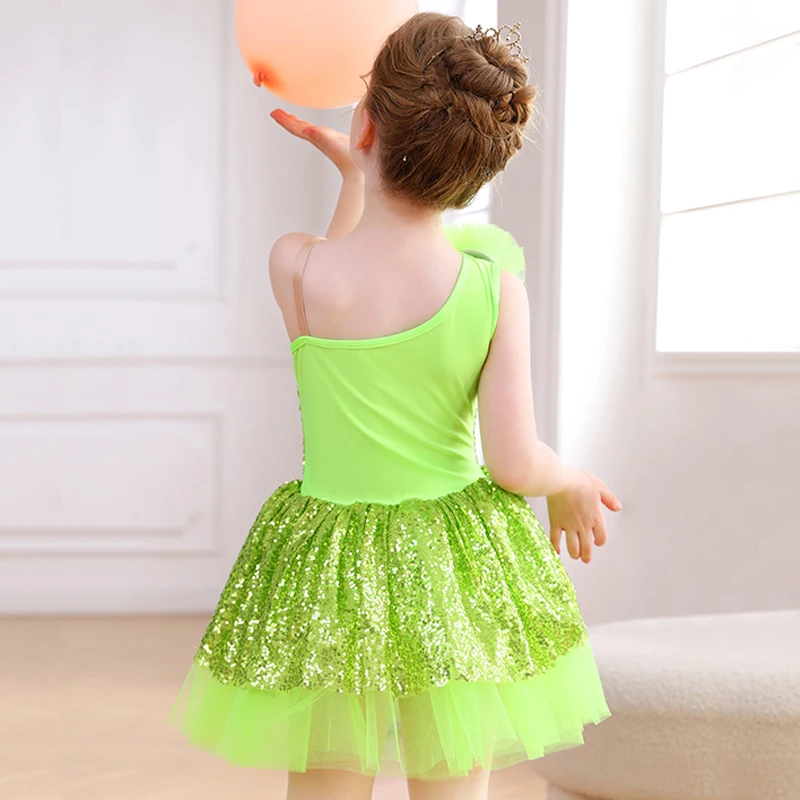 Robe de danse de Ballet à paillettes pour filles, asymétrique épaule dénudée, en Tulle, à volants, avec nœud décoratif, robe Tutu colorée pour spectacle de fête