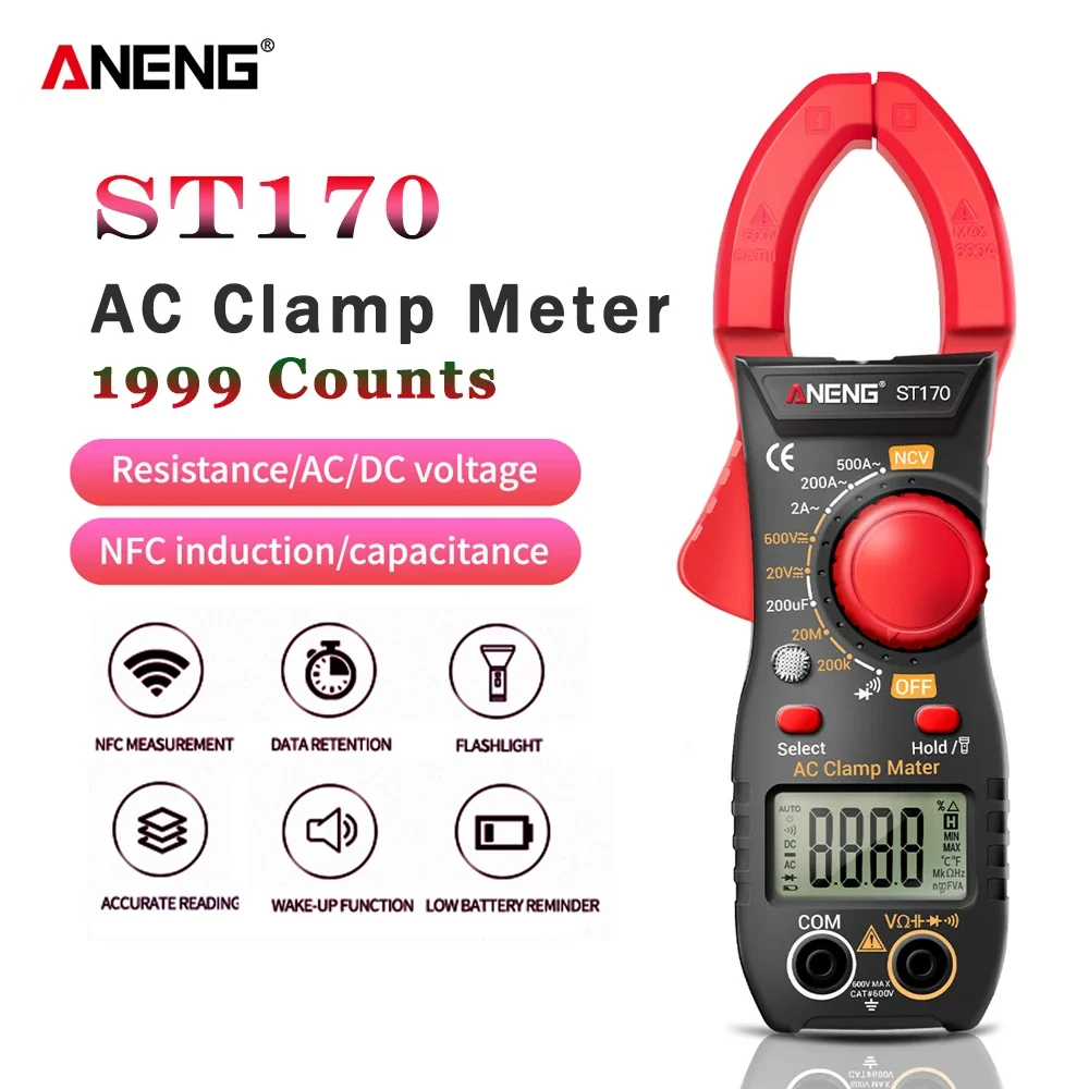 

ANENG ST170 Clamp Meter Digital Multimeter 500A AC Current AC/DC Voltage Tester 1999 Counts Hz Capacitance NCV Ohm Diode Test