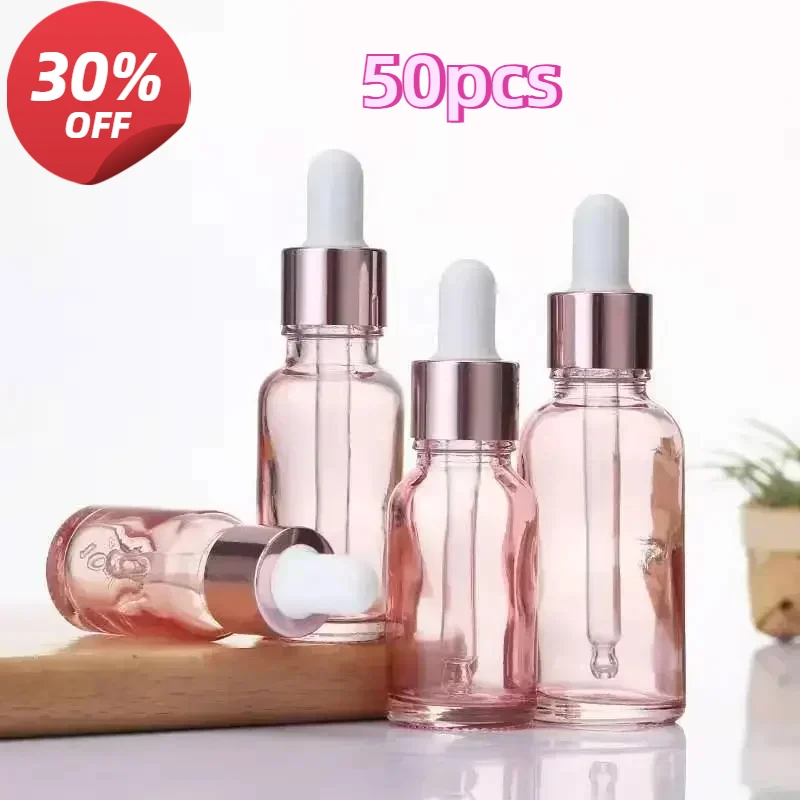 50pcs 5/10/15/20/30ml/50ml/100ml Pink Empty Glass Dropper Bottle Essential Oil Aromatherapy Liquid Reagent Refillable Container