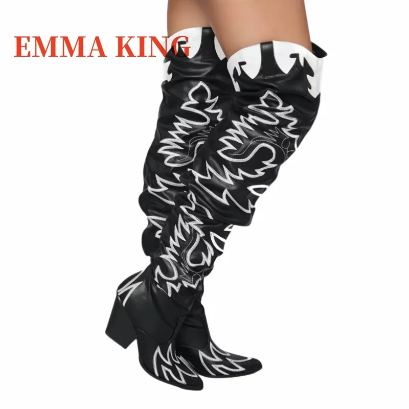 

Женские сапоги выше колена на высоком каблуке в стиле вестерн, модная женская обувь на танкетке для женщин, длинные ковбойские сапоги с вышивкой и острым носком