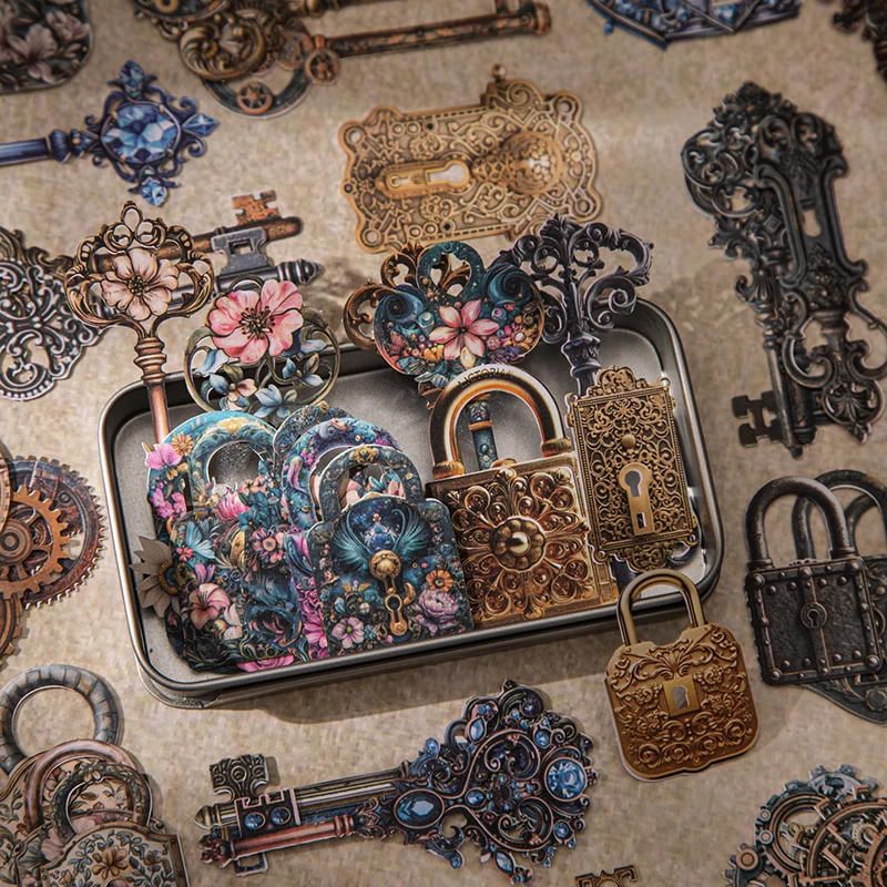 JIANQI 20 pièces fleur serrure clé autocollant pack autocollants étiquettes décoratives Scrapbooking fait à la main bricolage journal Album artisanat fournitures