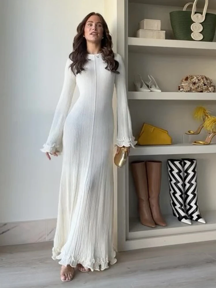 Elegant White Knitted Fishtail Dress Women Chic Flare Long Sleeve Lace Up Round Neck Vestidos 2024 New Female High Street Robes