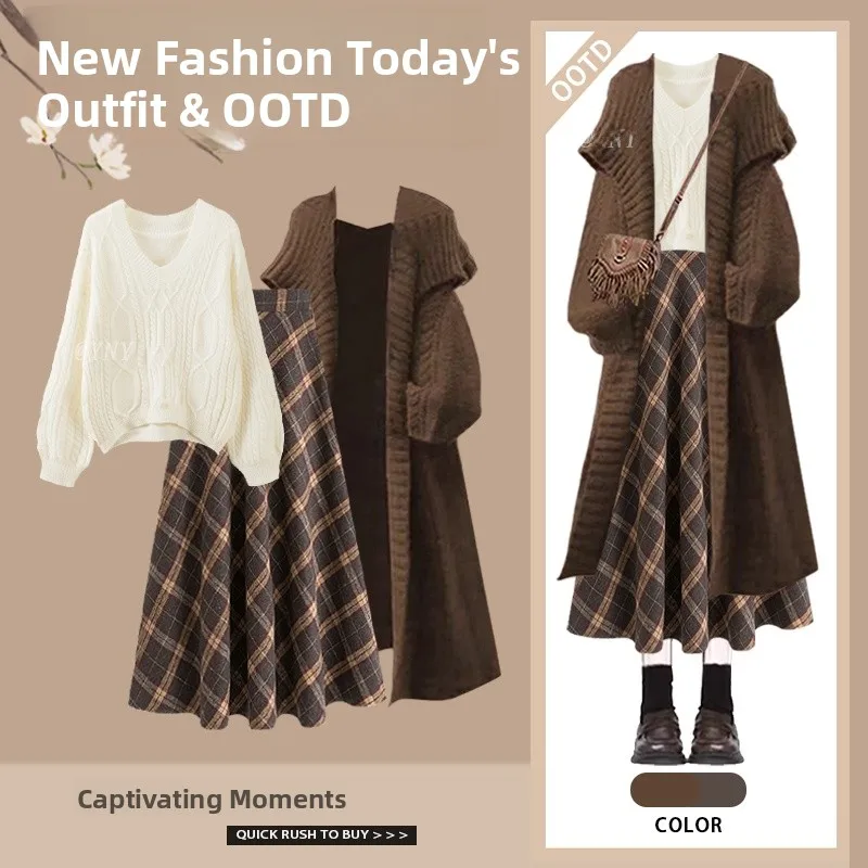 

Autumn Winter Women's High-End Soft Knitted Cardigan Sweater Plaid Skirt Tee-Piece Set Gentle Wind Warm Cozy Sle