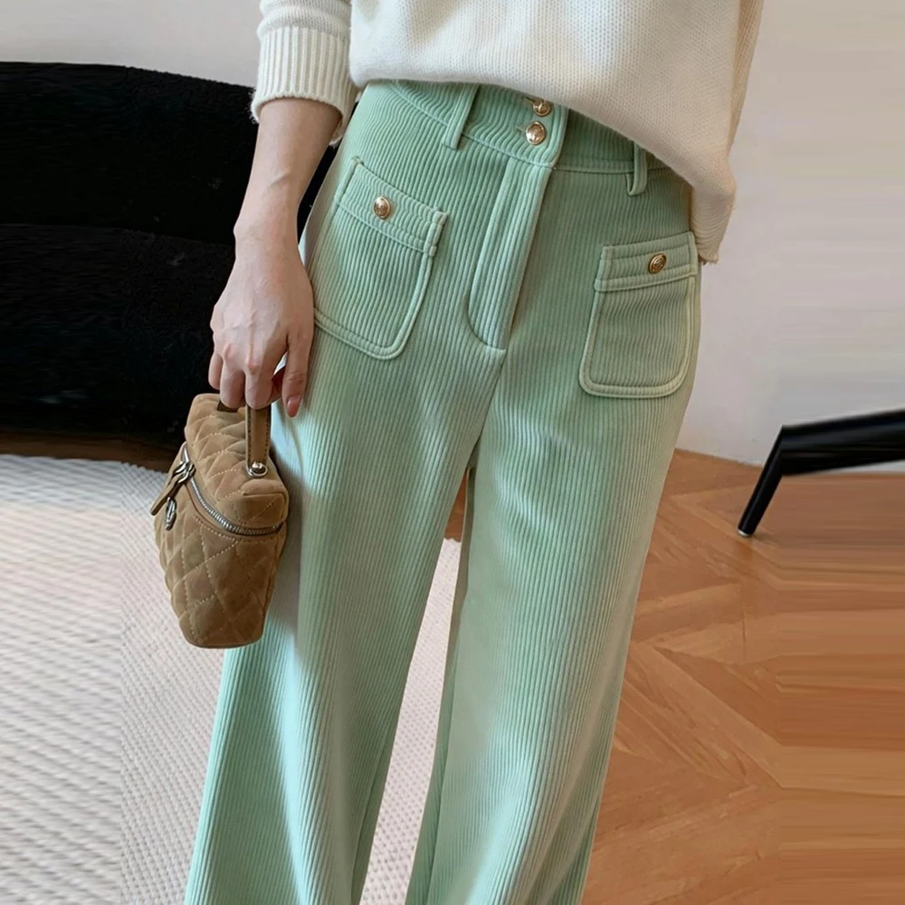 2025 unique super good-looking light green straight-leg pants high waist narrow version slightly wide-leg pants corduroy pants