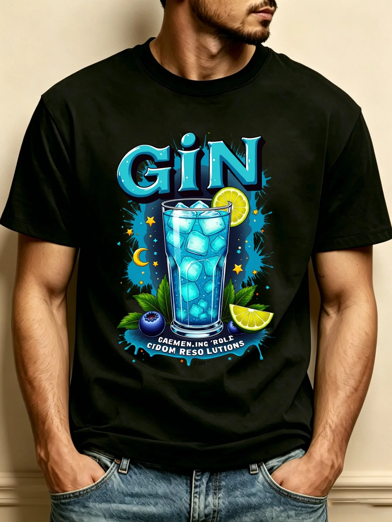 Men's Gin Cocktail Lemon Print T-Shirt - Casual Crew Neck Shirt, Perfect as a Gift for Gin Lovers, Can Be Worn All Year Round, for Parties, Everyday Wear, and Gin-Themed Outfits