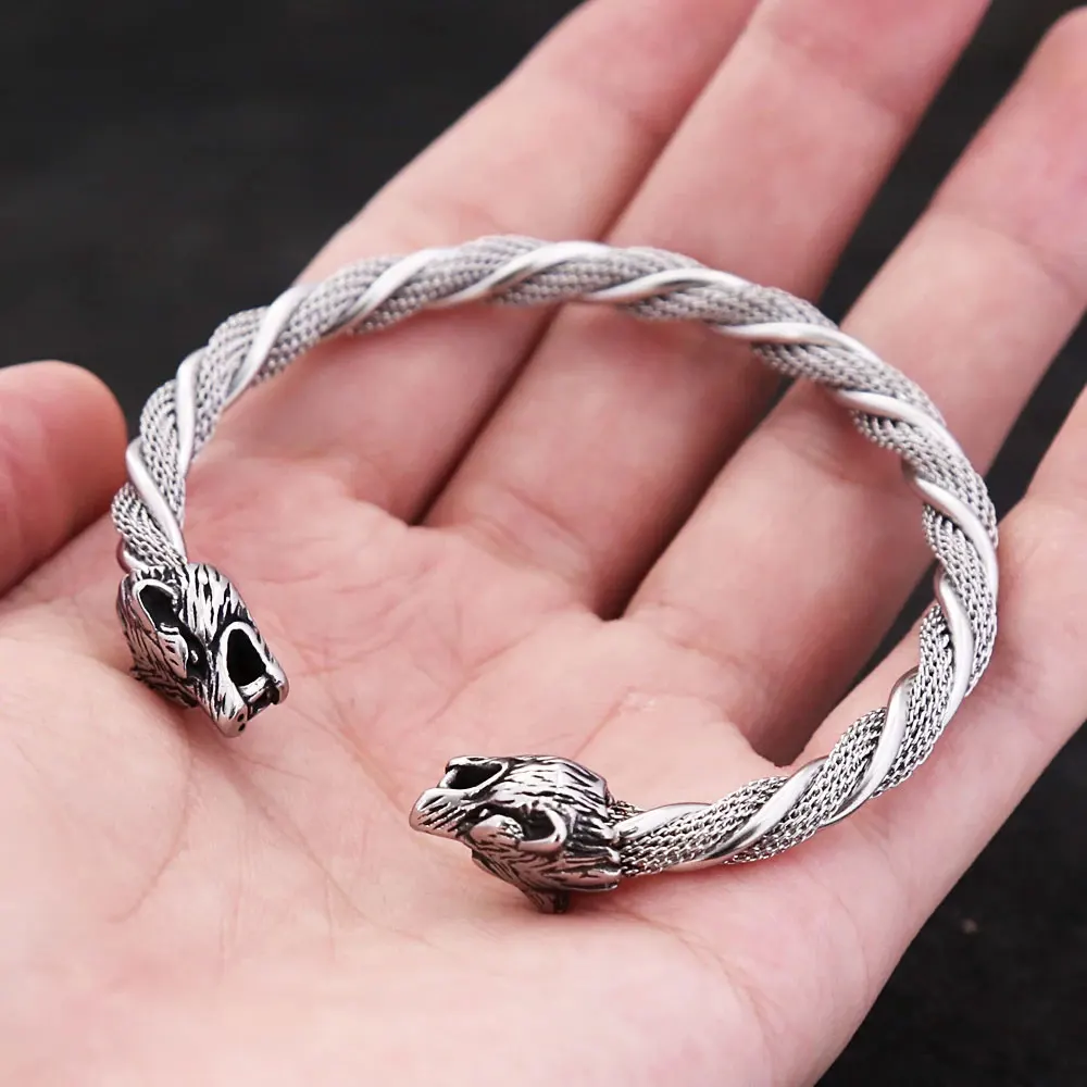 

Vintage Norse Viking Wolf Head Bracelet for Men Open Stainless Steel Cuff Bracelet Bangle Punk Rock Wristband Jewelry Wholesale