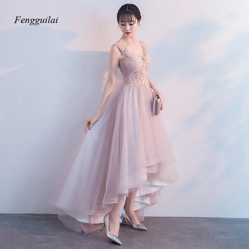 

New Fairy-Like Front-Short and Back-Long Double-Shoulder Formal Banquet Pink Evening Dress for Ladies