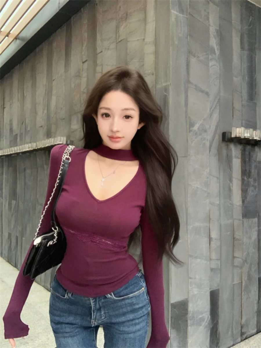 

Женский облегающий топ Pure Desire с кружевной отделкой и V-образным вырезом, универсальный, с ажурными вставками, для осени и зимы