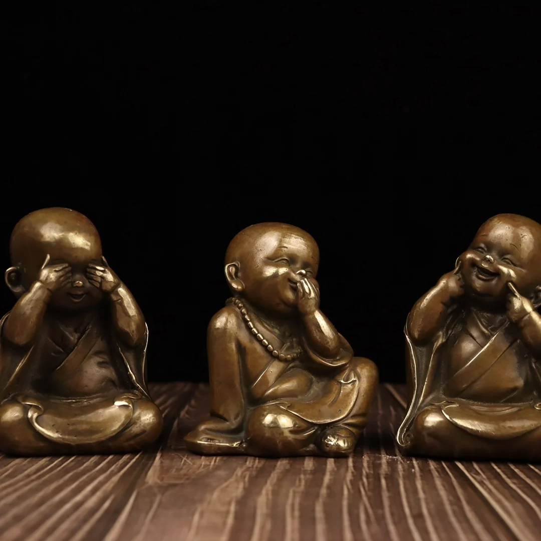 

4"Folk Collection Old Bronze Sanbu Monk don't look don't listen don't say young novice monk Amitabha Buddha a set Town house