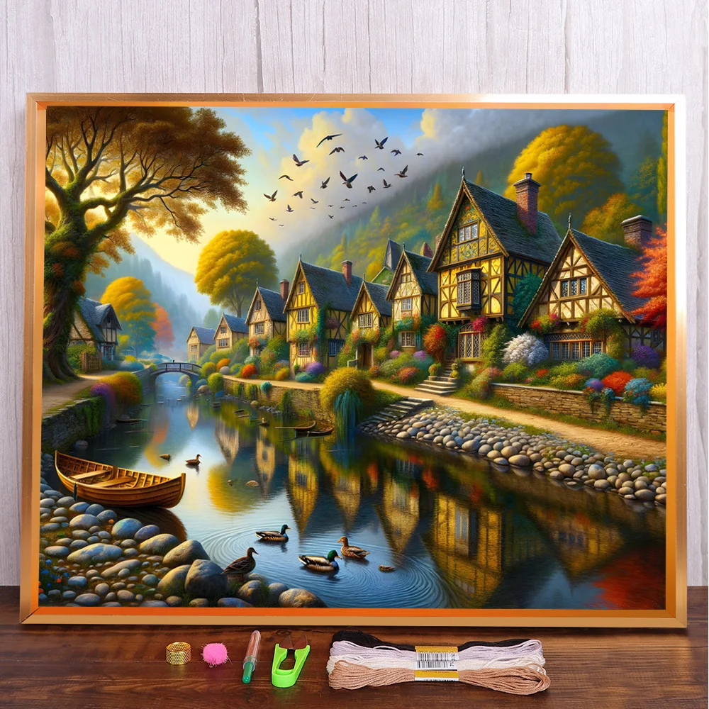 Landscape House By River Printed Canvas Cross Stitch Embroidery Patterns Craft Painting Handiwork Hobby Floss Magic Room Decor