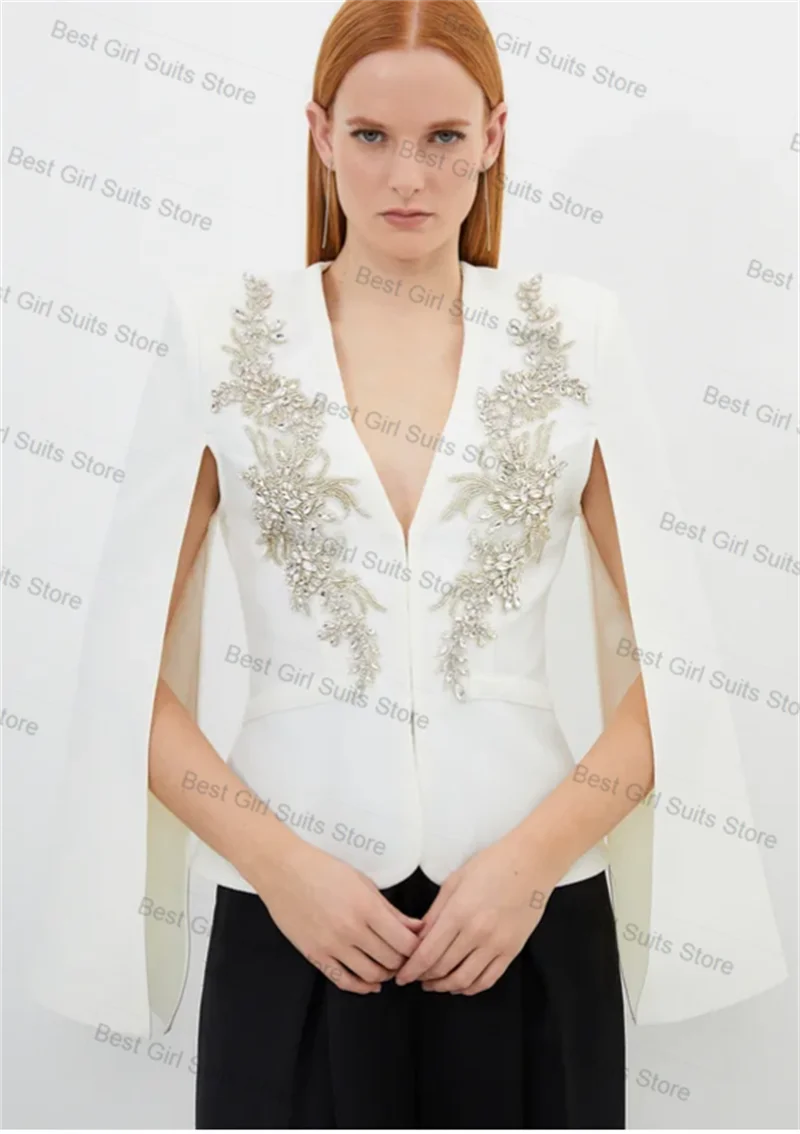 

White Wrap Women Suit Set 2 Pcs Cape Crystals Blazer+Pants Formal Office Lady Jacket Customized Wedding Tuxedos Prom Trousers