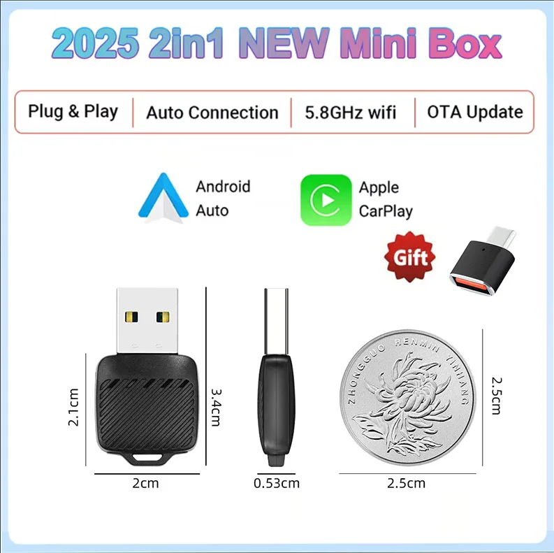 2025 2in1 Wireless Carplay&Android Super Mini Box Car AI Box Wired to Wireless WIFI BT Auto Connect Adapter Bluetooth Plug&Play