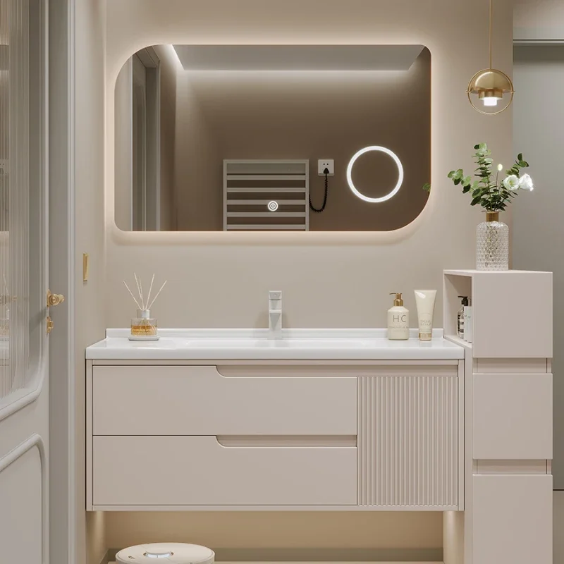 Lavabo integrado de cerámica, mueble de baño ligero, estilo crema, montado en la pared, para el hogar