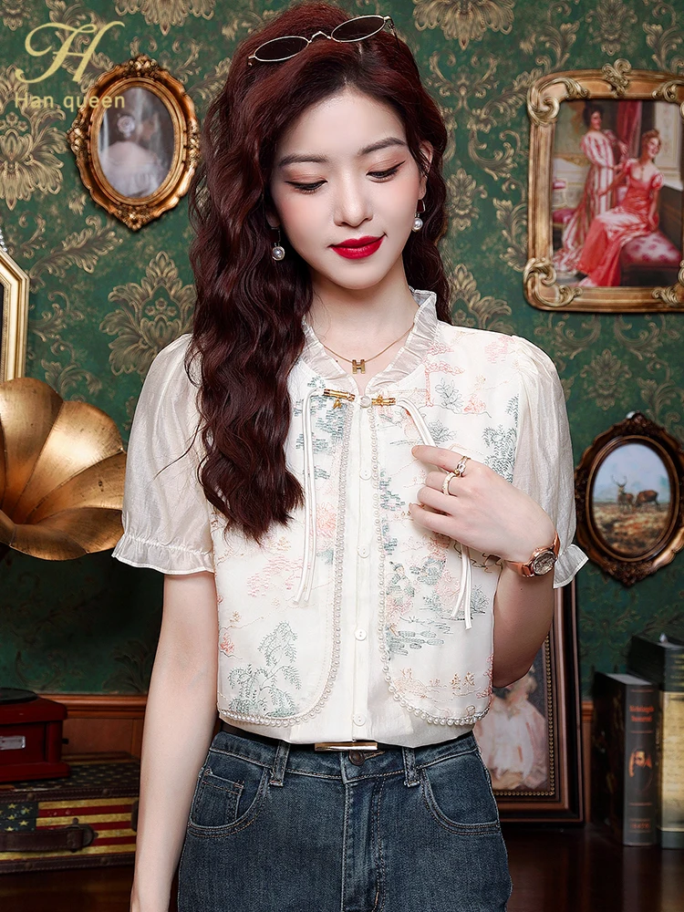 H Han Queen Women\'s Sumer Clothes Blouses Korean Chic Embroider Chiffon Blouse Work Casual Top Simple Vintage Short Sleeve Shirt