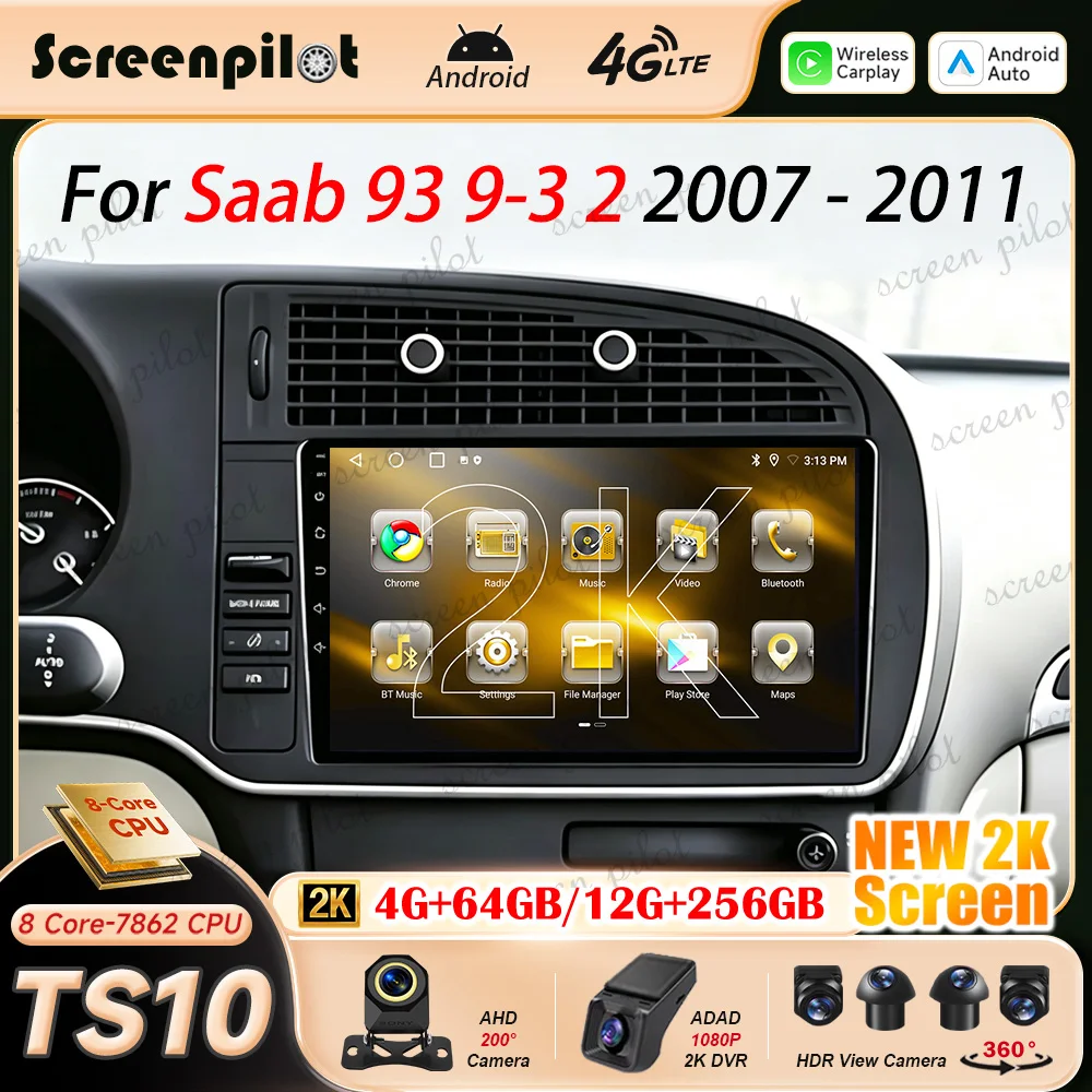 Android 16 Car Radio Stereo For Saab 93 9-3 2 2007 2008 2009 2010 2011 2K QLED Multimidia Player GPS Carplay Android Auto 5G RDS