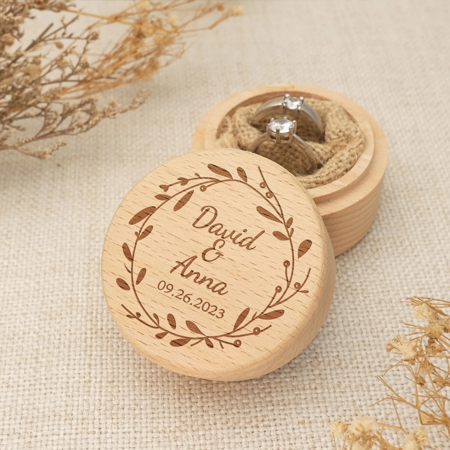 Personalized Wedding Ring  Box With Engraved Name and Date,Rustic Wooden Ring Holder with Mountain and Leafs Design