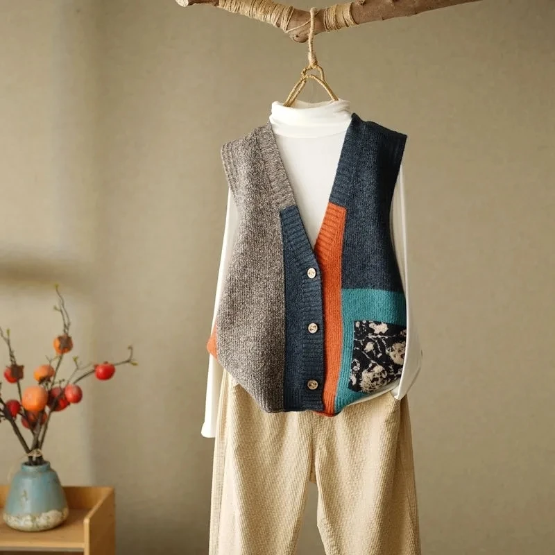 2024 Autumn Women Panelled Vintage Sweaters Vest Button Cardigans Knitted Fashion Sleeveless V-Neck Loose Casual Sweater Coats