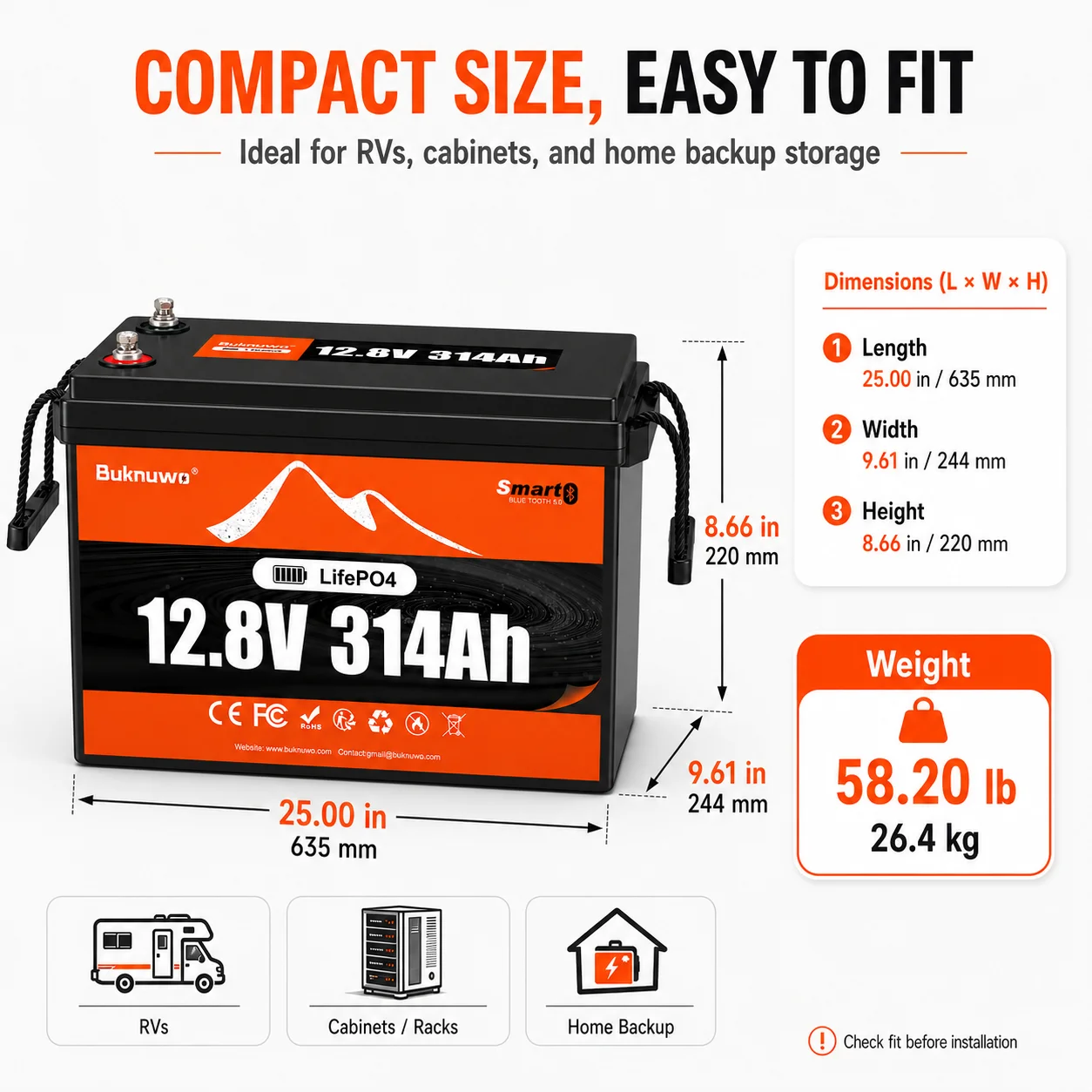 BUKNUWO 12V 314Ah Lithium Battery With Bluetooth,  Build 24V/48V 314Ah System In Series, 200A BMS, 15000+ Deep Cycles, Low-Temperature Protection For RV, Solar, Marine, Off-Grid, Home Energy