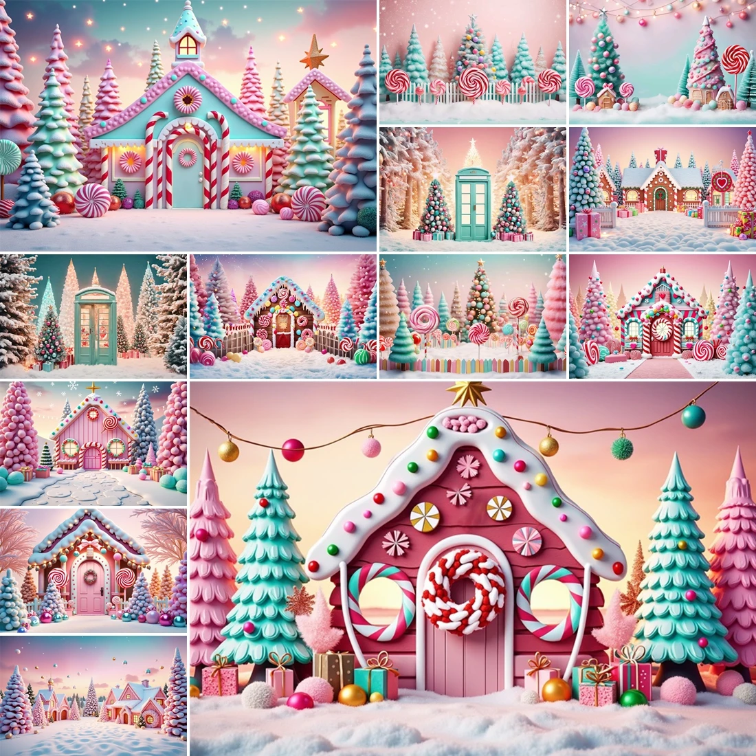 

MOON.QG Pastel Christmas Fantasy Scene Photo Background Snow Trees Candy Wreaths Photography Backdrop Party Decorations Portrait