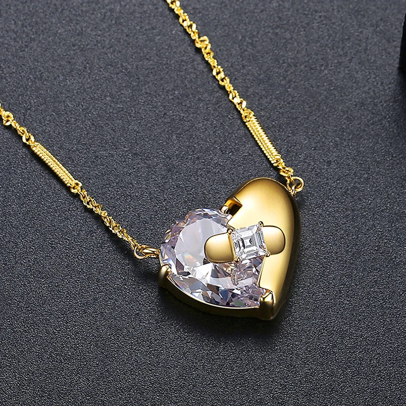 LUOTEEMI Heartbreak CZ Pedant Necklaces for Women Half Heart Coppper Zircons Special Design Girl Dating Wedding Decoration Chain