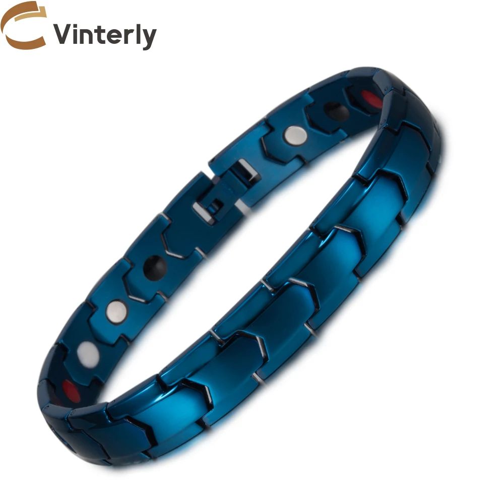 Vinterly Blue Bracelet Male Chain Link 11mm Health Energy Germanium Therapeutic Magnetic Men Luxury Stainless Steel Jewelry