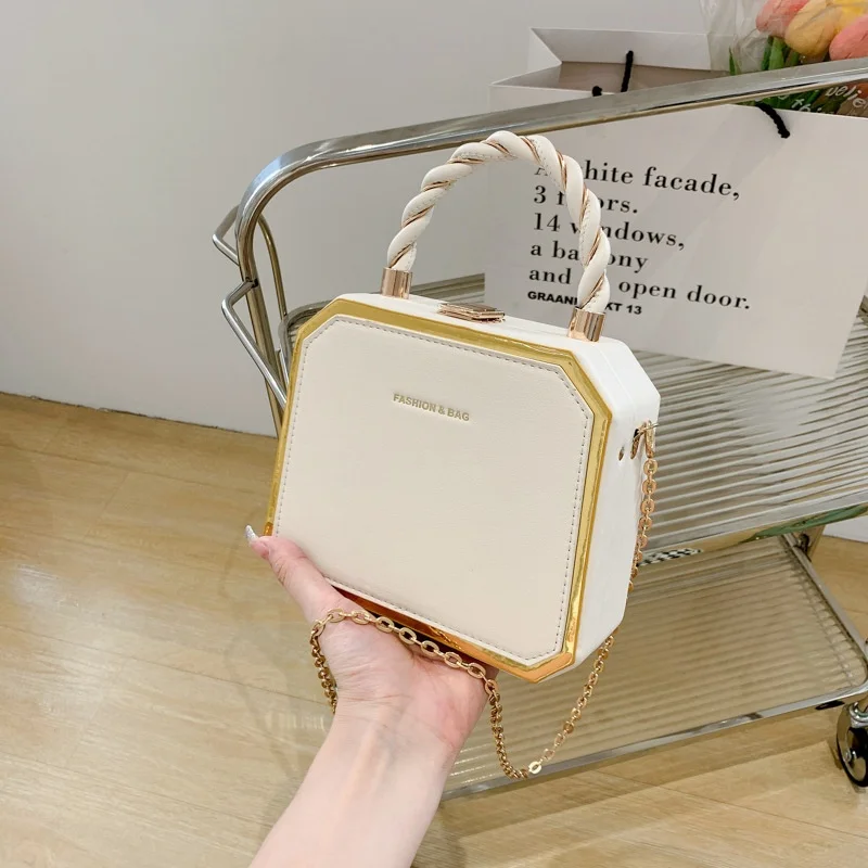 Women Mini Box Handbag, Braided Top Handle Metal Frame Hard Case Crossbody Purse Solid Color Evening Party Shoulder Bag