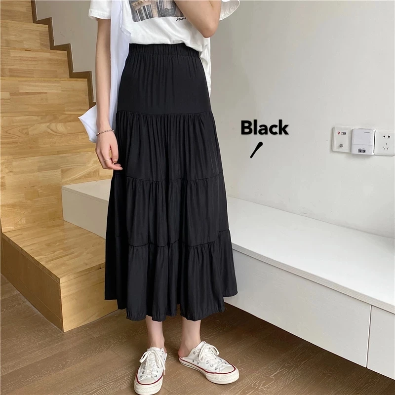 

Spring Summer Women Chiffon Skirts Vintage High Waist Elastic Patchwork White Black Chic Long Cake A-line Skirt for Student