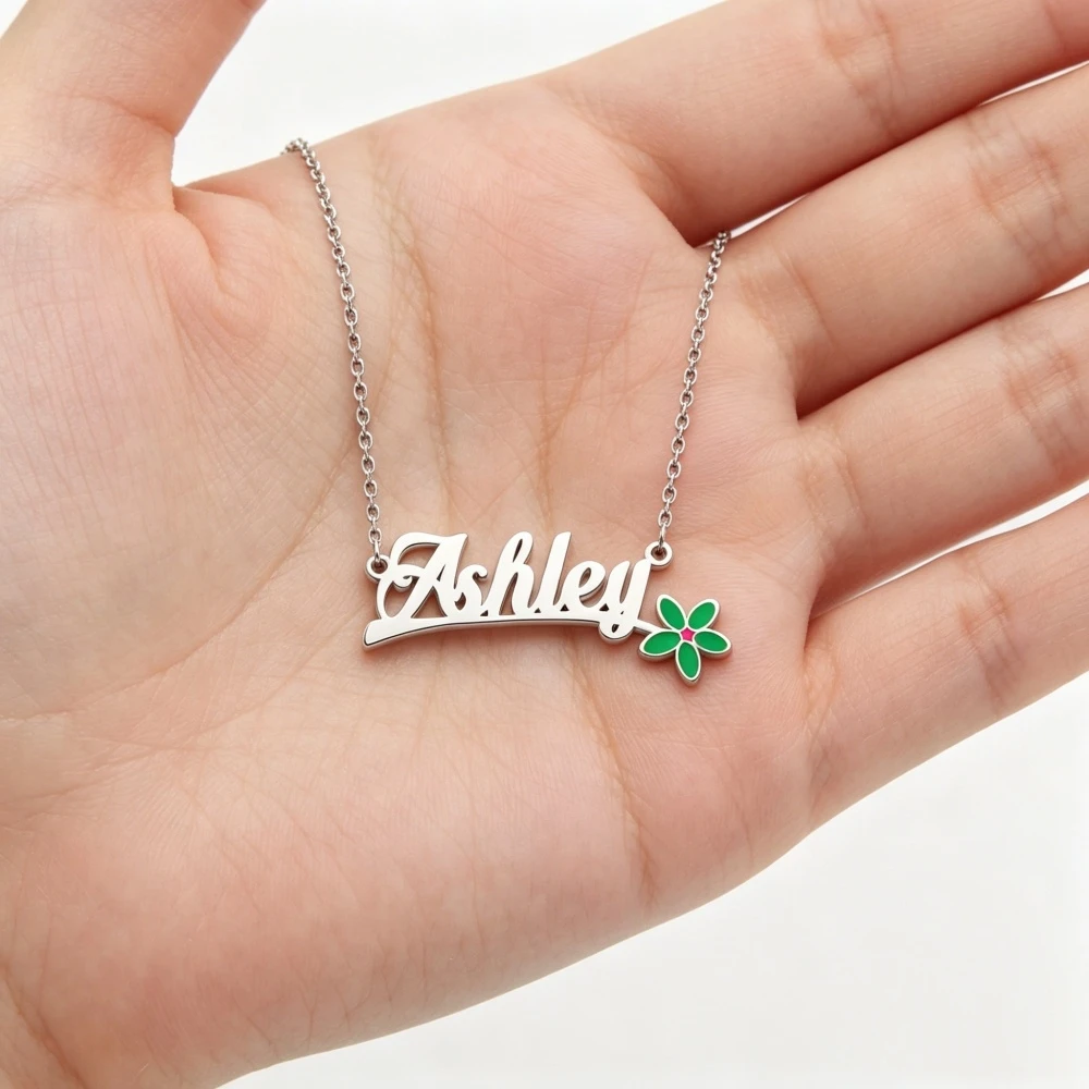 Custom Name Green Flower Necklace Stainless Steel Jewelry Personalized UV Printing Name Necklace Women Friendship Gifts