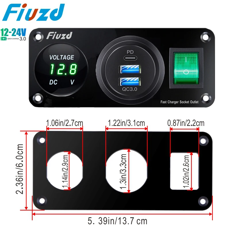 

12V USB Panel Socket 3 in 1 Dual USB Charger with Rocker Switch Car Cigarette Lighter Digital Voltmeter for Car Boat Truck RV