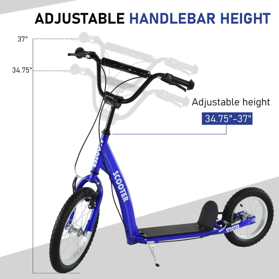 Aosom Youth Scooter Kick Scooter para 5+ con manillar ajustable 16 frenos dobles delanteros y 12 traseros ruedas inflables azul