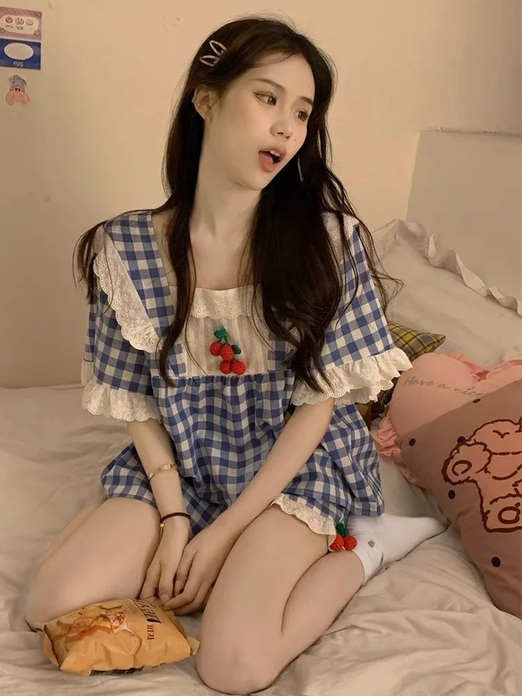 

Новинка 2023 года, женская летняя тонкая одежда ort Sve Spwear, милая клетчатая студенческая домашняя одежда, носимый комплект для улицы, милый милый слей