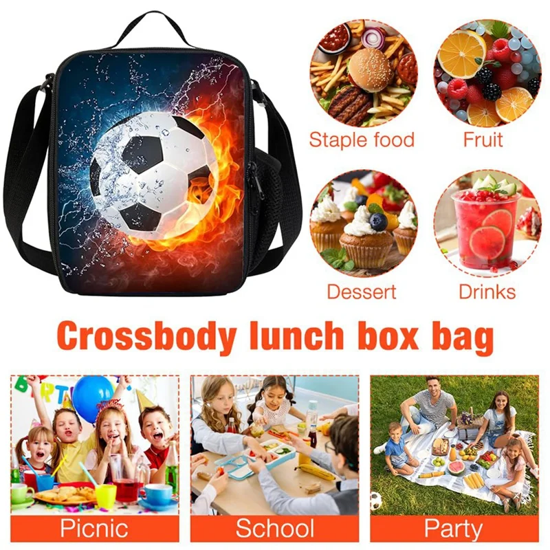 Football Lunch Box Bag Boys Girls,Reusable Cooler Warm Lunch Tote With Bottle Holder, For School Camping Travel Picnic