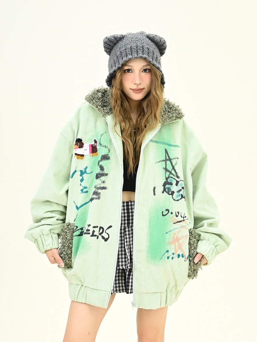 Dopamine Graffiti Cartoon Fur Collar Parkas for Women, American Street Coat, Loose Bf, Winter, New, 2024