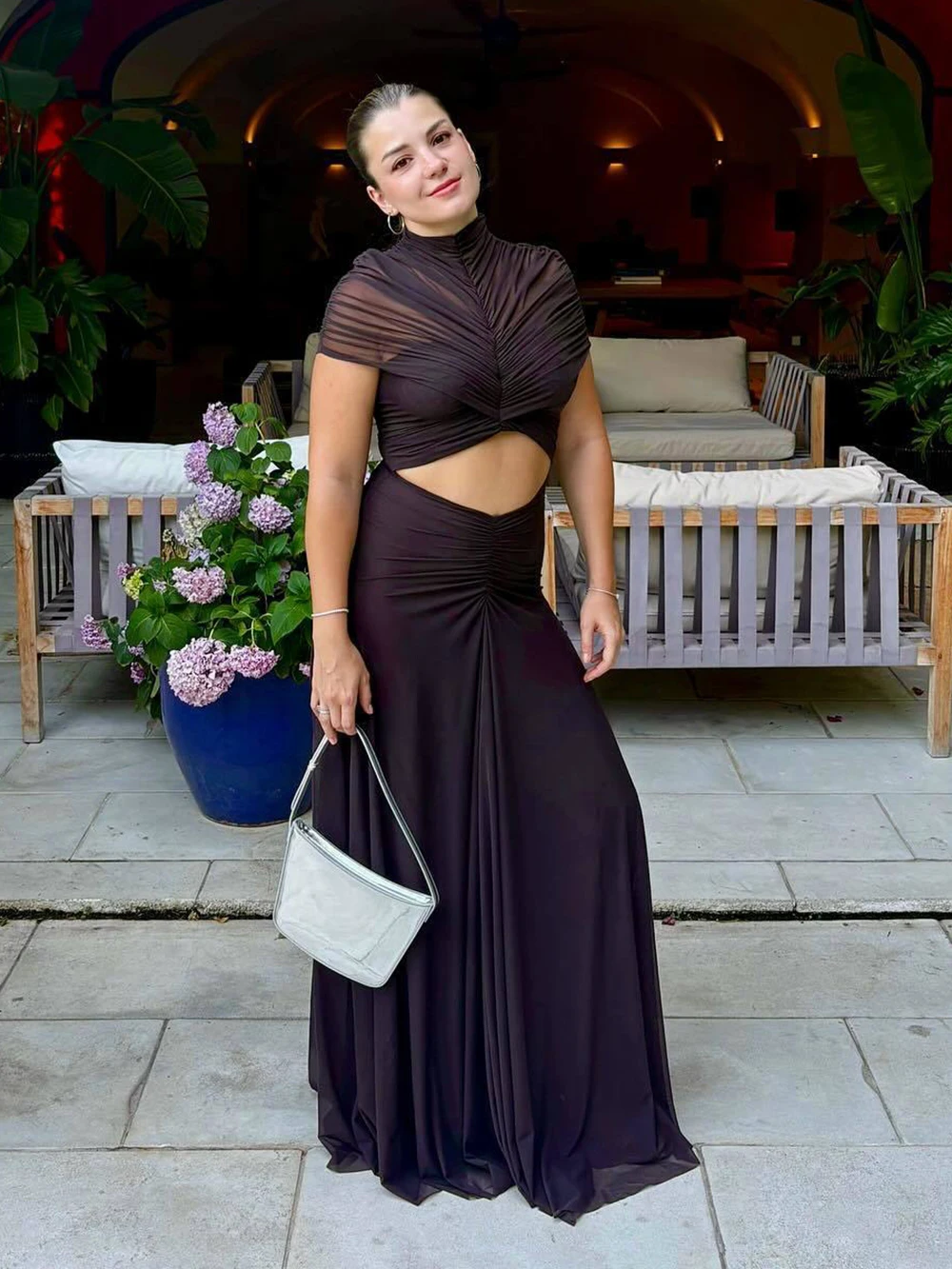 Nowa seksowna sukienka maxi damska z odkrytymi ramionami, bufiastą spódnicą i materiałem z siateczki, długa suknia wieczorowa.