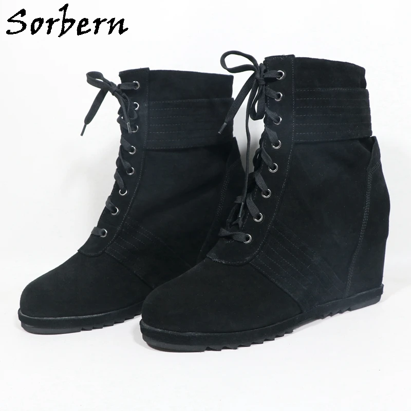 

Sorbern Black Faux Suede Ankle High Women Boots Wedge High Heel Round Toe Platform Shoes Lace Up Rubber Soles Custom Plus Size